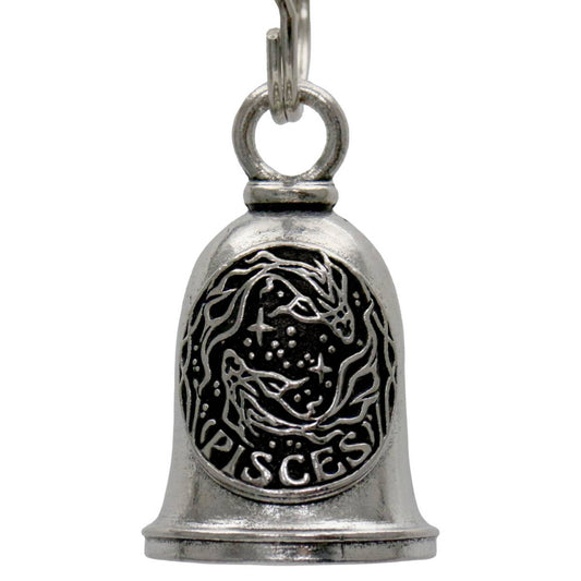 A silver-colored metal bell with a Pisces zodiac symbol, attached to a split ring, against a white background.