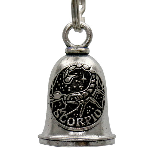 A silver-colored metal bell with a key ring, featuring a scorpion design and the word 'SCORPIO' on the front.