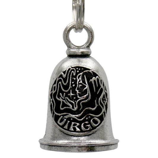 A silver-colored metal bell with the sign of Virgo engraved on it, designed as a motorcycle accessory with a key ring.