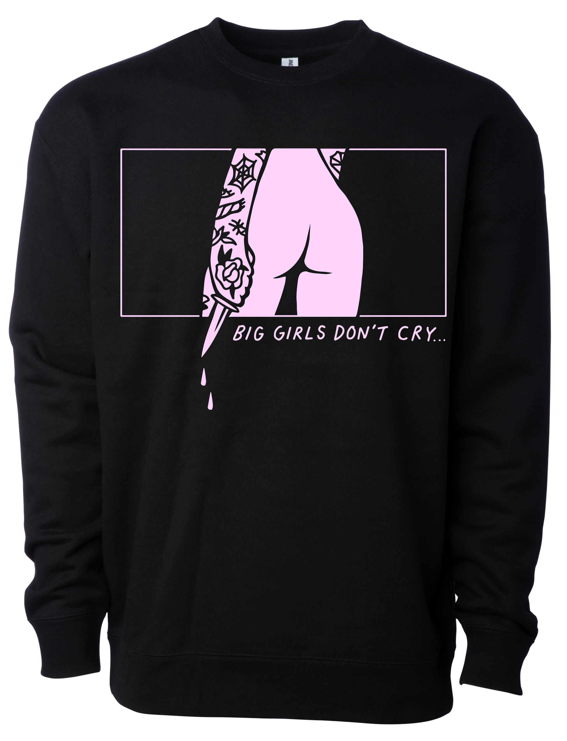 Black sweatshirt with graphic design and text 'BIG GIRLS DON'T CRY' on a white background