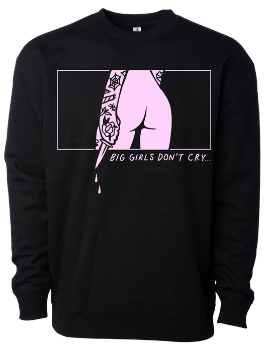 Black sweatshirt with graphic design and text 'BIG GIRLS DON'T CRY' on a white background