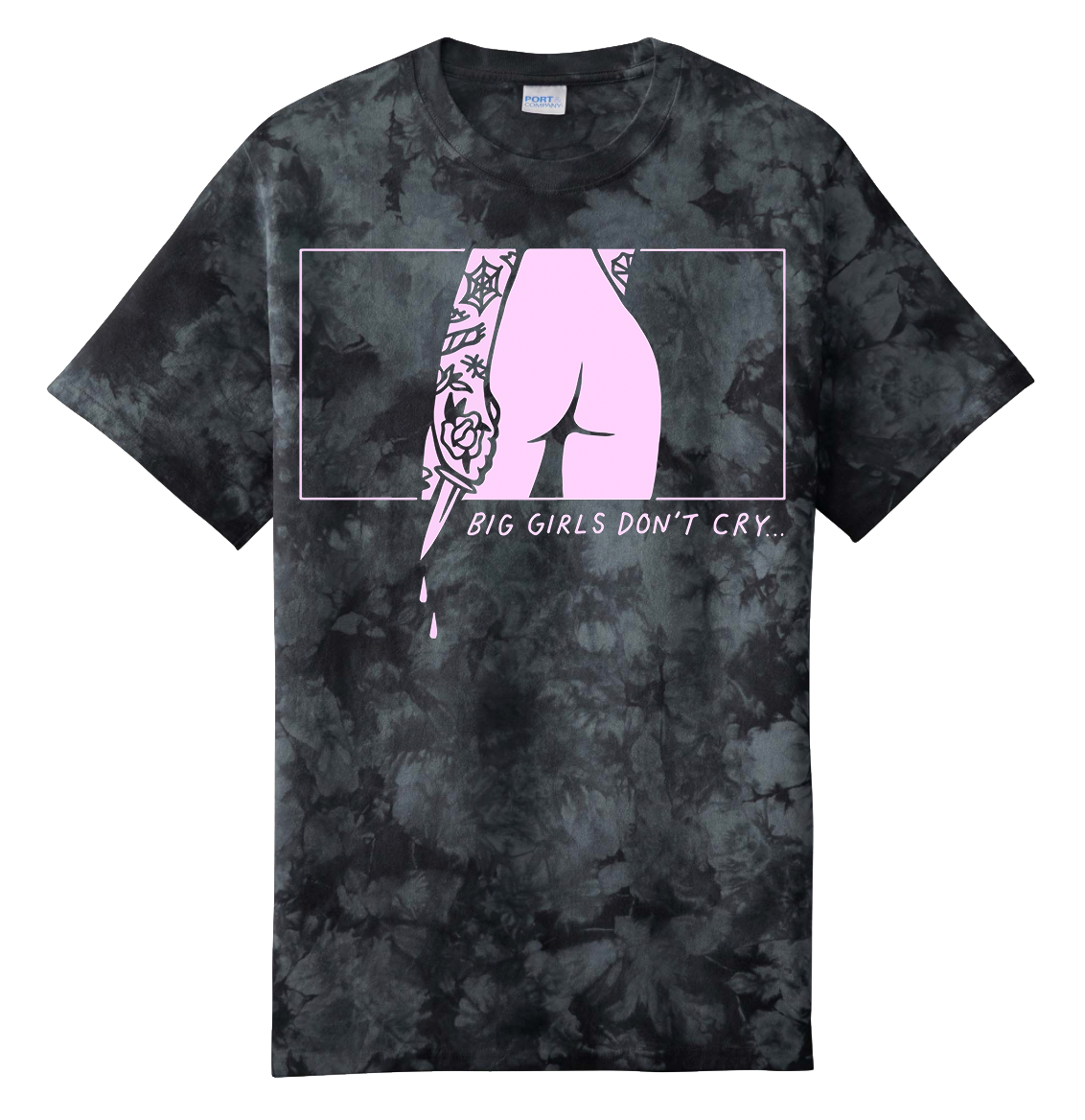 Black tie-dye t-shirt with graphic design and text on a white background