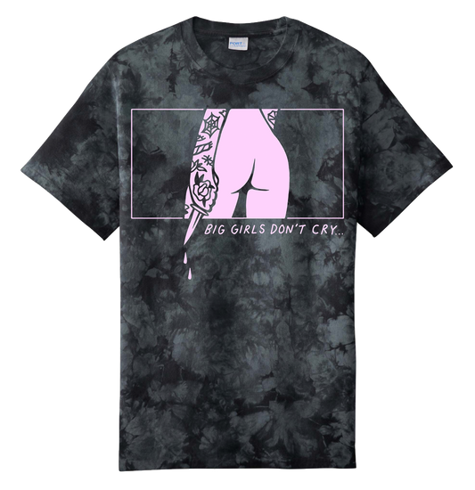 Black tie-dye t-shirt with graphic design and text on a white background