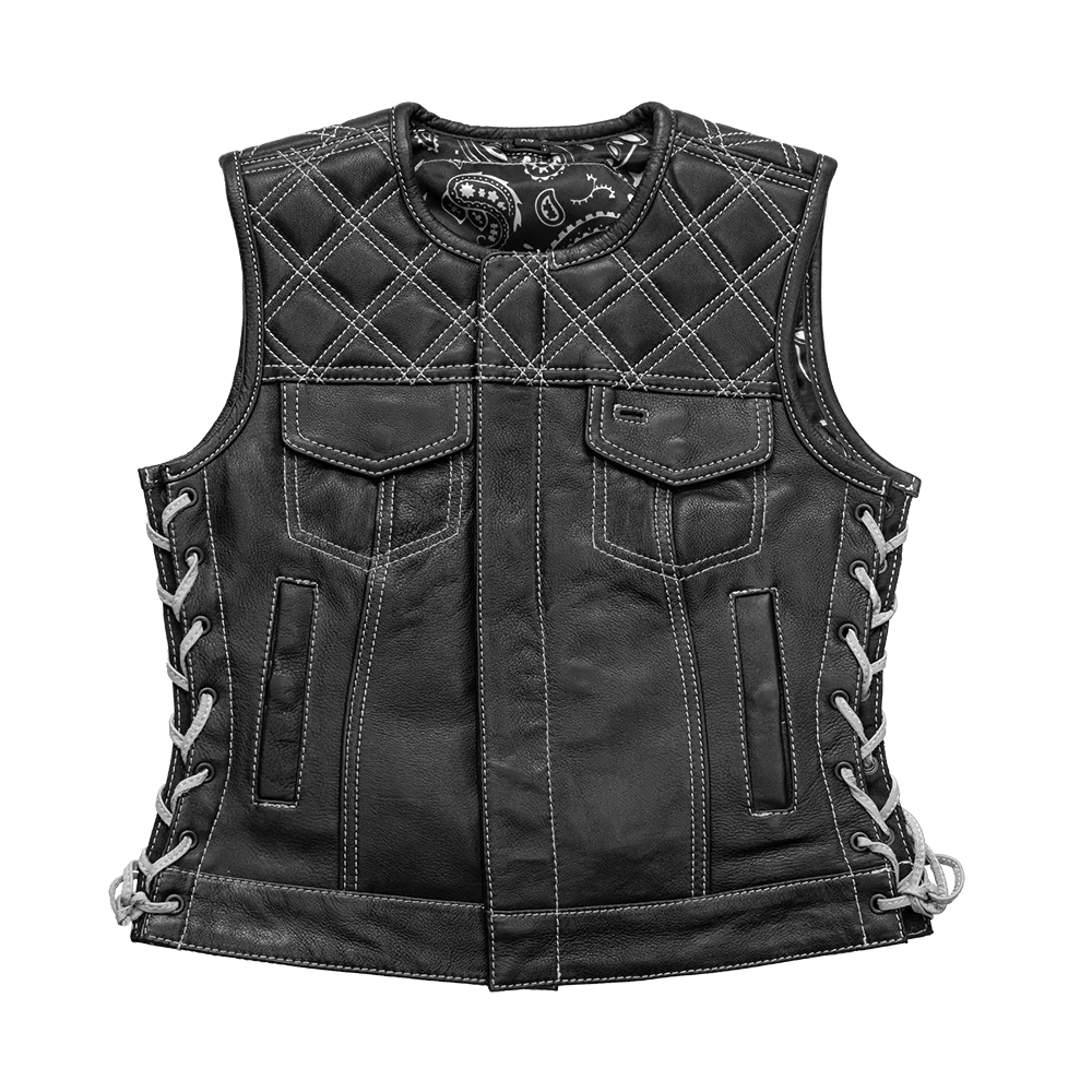 Bonnie - Women's Motorcycle Leather Vest - Diamond Quilt Women's Leather Vest First Manufacturing Company Black White XS 