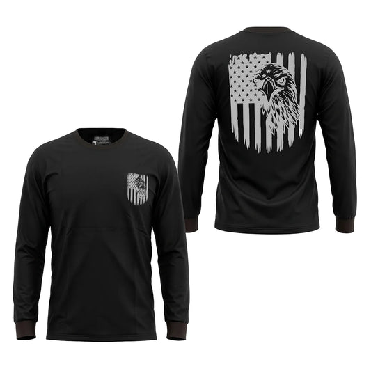 Men's Black Long Sleeve T-Shirt with American Eagle & Flag Print