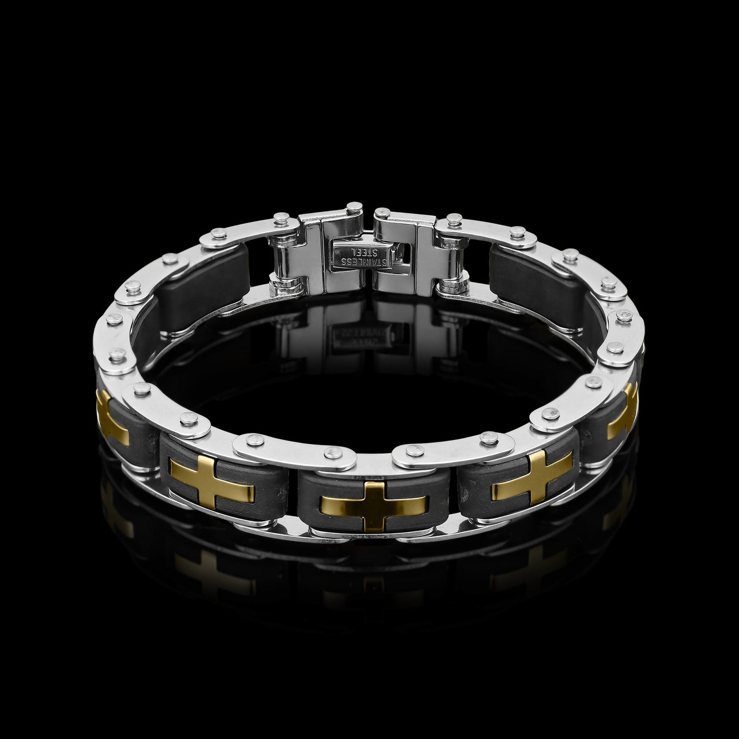 Stainless Steel And Gold Cross Bike Chain Bracelet