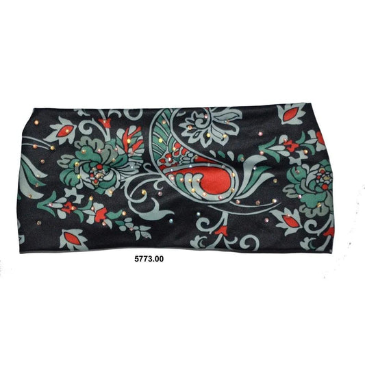 Decorative hair wrap bandeau top with floral pattern on a black background