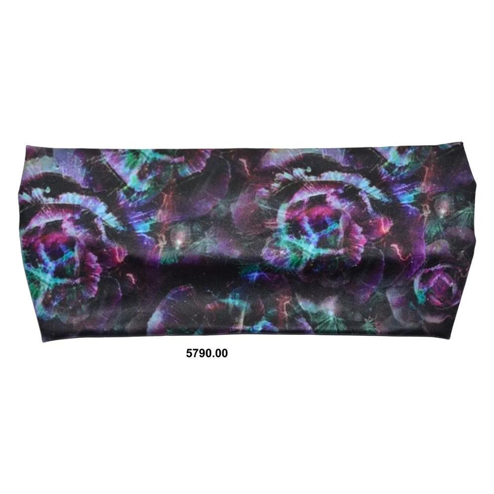 Multi-colored head wrap bandana with black, purple, teal, and pink rose design