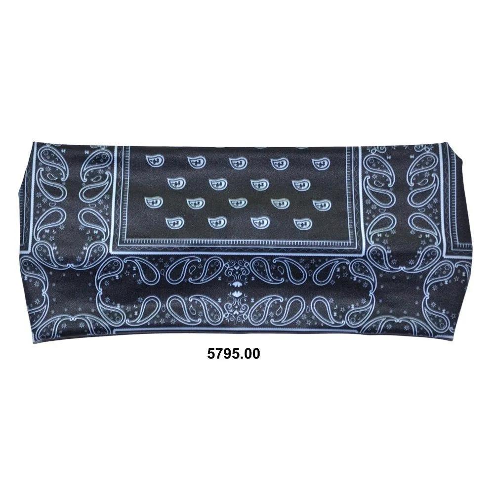 Black bandana with white paisley patterns on a white background