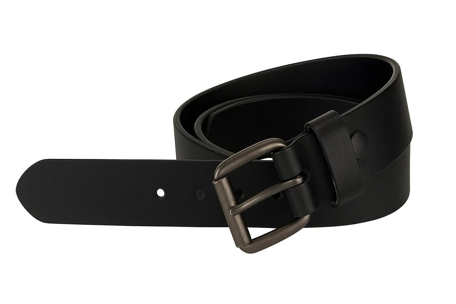 Black leather belt with a dark silver buckle on a white background