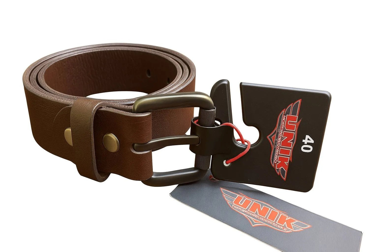 Brown leather belt with bronze hardware