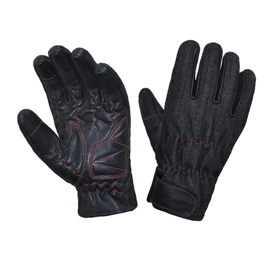 Mens Denim / Leather Full Finger Gloves with Red Stitching
