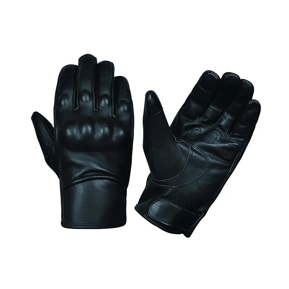 Pair of black leather motorcycle riding gloves with hard knuckle design on a white background