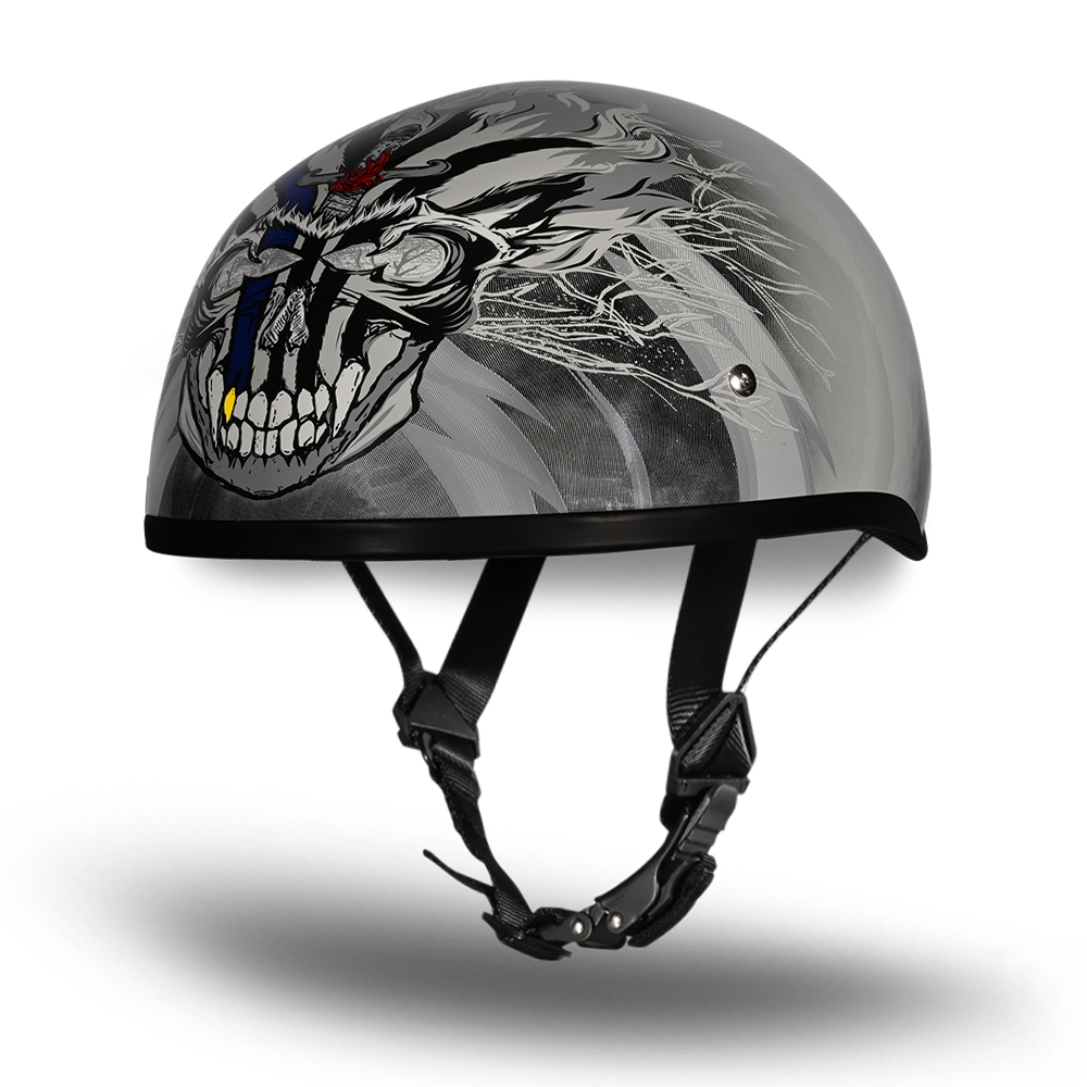 black and white skull motorcycle helmet Hot Leathers Tribal Cap Half DOT Approved HLT68 The Daytona Skull Cap Helmet Pistons S is a slim line helmet that meets and exceeds D.O.T Daytona Skull Cap Cross Bones