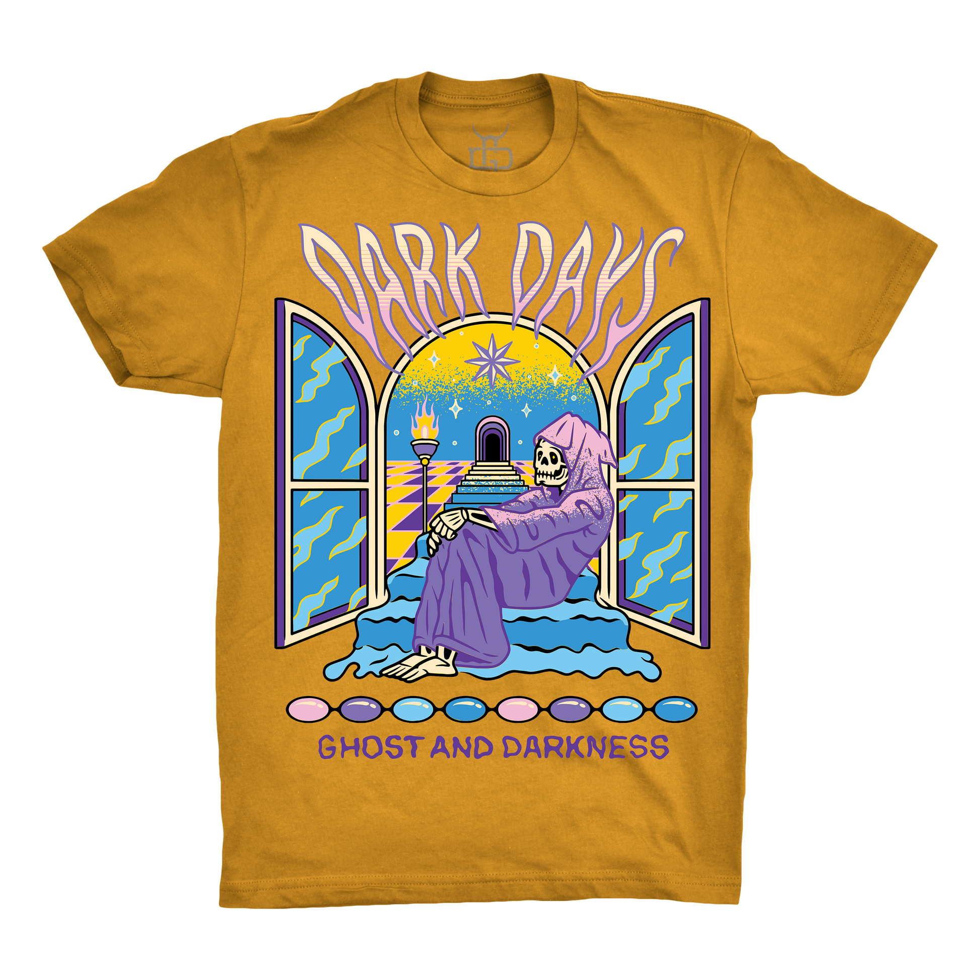 Yellow t-shirt with a graphic of a skeleton sitting by an open window titled 'Dark Days, Ghost and Darkness'.