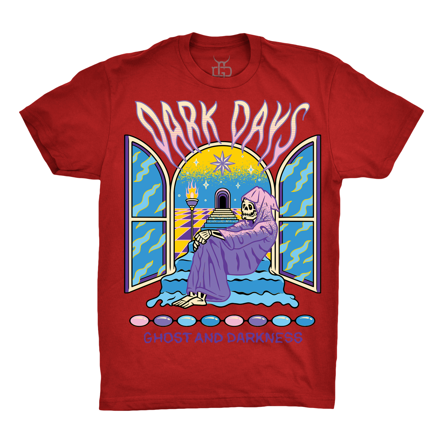 Red t-shirt with a graphic of a skeleton sitting by an open window with 'Dark Days' text.