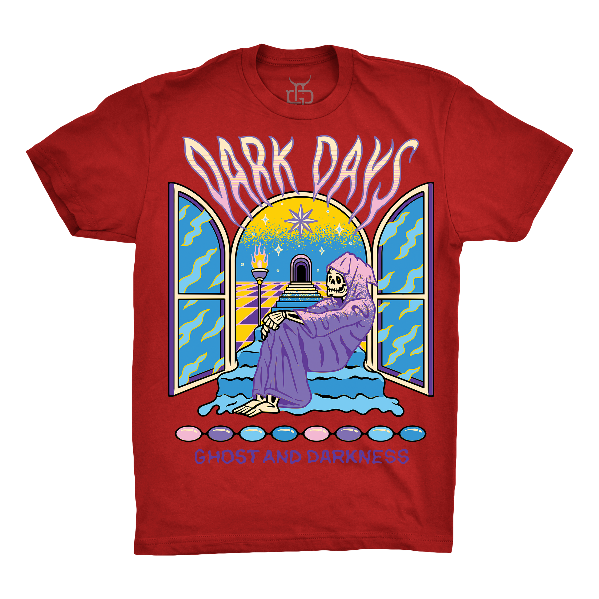 Red t-shirt with a graphic of a skeleton sitting by an open window with 'Dark Days' text.