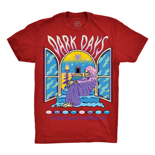 Red t-shirt with a graphic of a skeleton sitting by an open window with 'Dark Days' text.