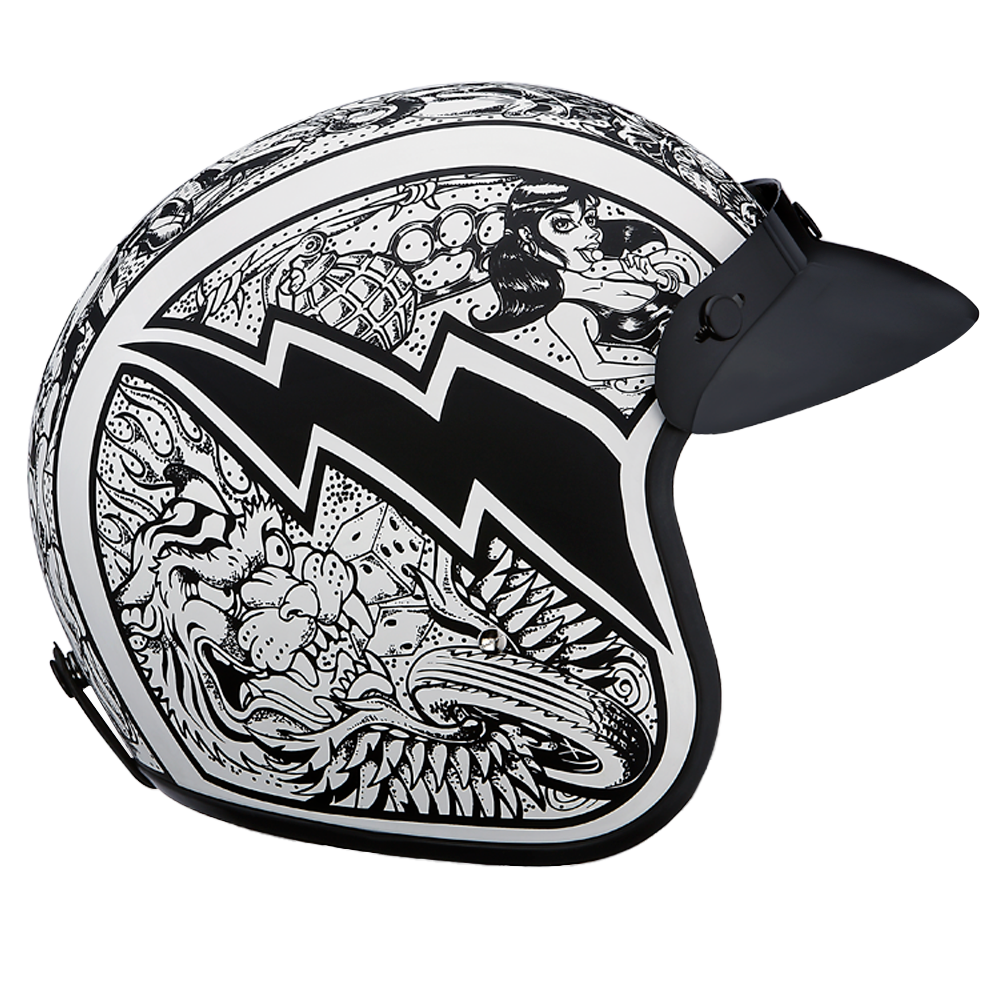 DOT Approved Daytona Cruiser Open Face Motorcycle Helmet - Men, Women & Youth - With Visor & Graphics - W/ Graffiti