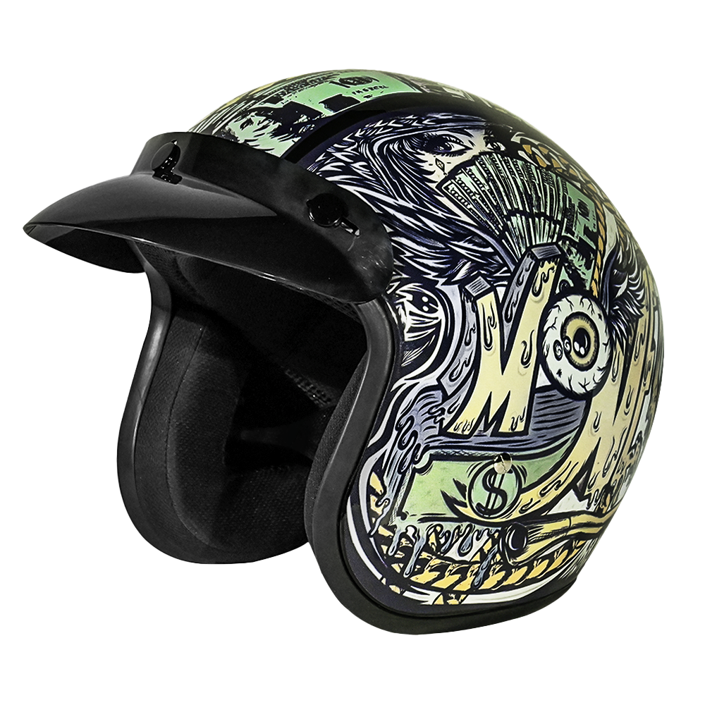 Daytona Cruiser Open Face Motorcycle Helmet - Visor & Graphics - Money | DOT Approved