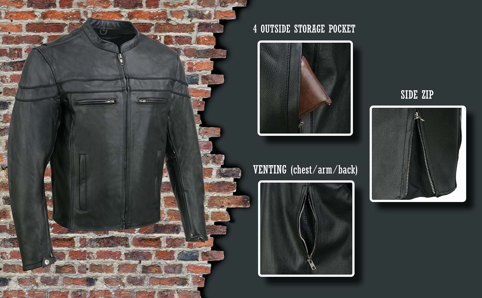 Event Leather EL1408 Men's Black Sporty Scooter Crossover Motorcycle Leather Jacket - Motorcycle Riding Jackets