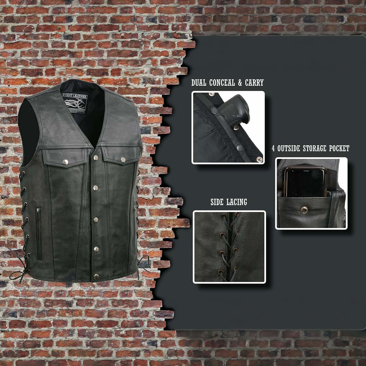 Event Leather EL5360TALL Men's Side Lace Vest with Denim Style Pockets Tall Sizes