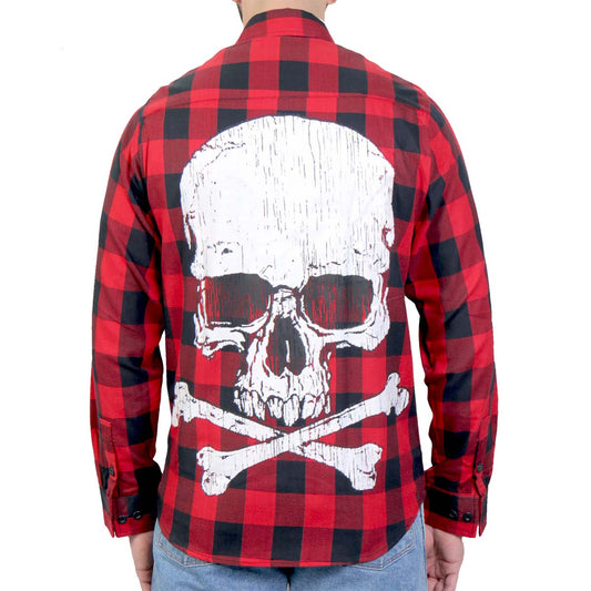 A long sleeve flannel shirt with a large skull and bones print on the back, primarily in red and black checkered pattern.