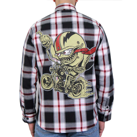 A long sleeve flannel shirt with a graphic print of a monster on the back, predominantly in black, white, and red colors.