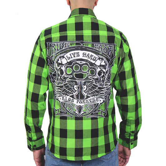 A man wearing a green and black checkered flannel long sleeve shirt with a graphic print on the back.