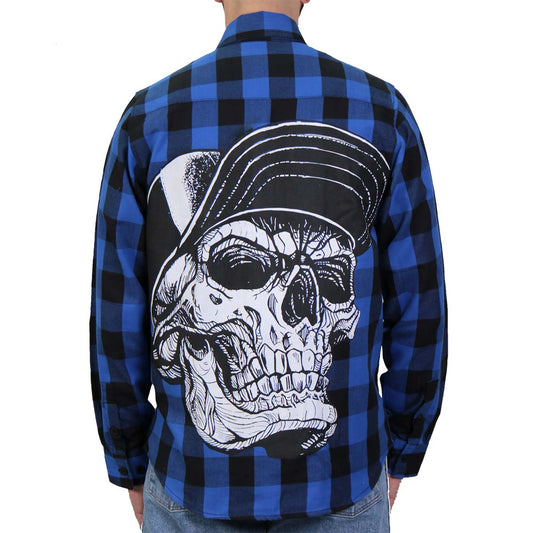 A long sleeve flannel shirt with a large skull print on the back and a checkered pattern. The shirt has a button-up front and button cuffs.