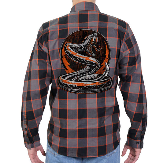 A long sleeve flannel shirt with a rattler snake patch on the back, featuring a checkered pattern.