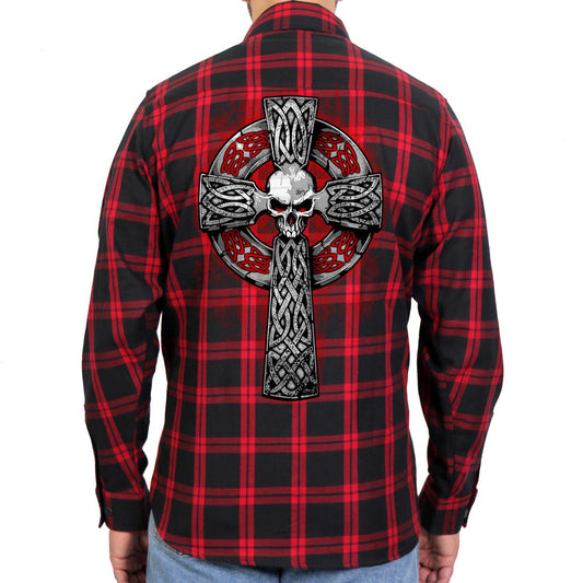 A long sleeve flannel shirt with a Celtic cross design on the back, featuring red and black checkered pattern.