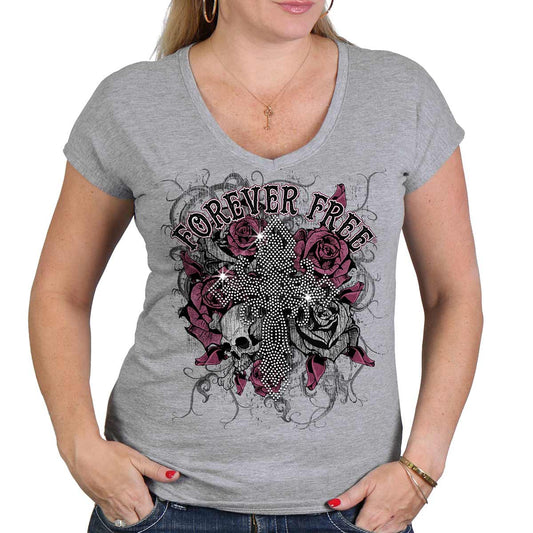 A woman wearing a heather gray t-shirt with a 'Forever Free' text and decorative floral and skull artwork.