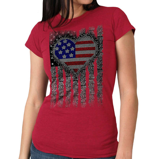 A woman wearing a red short-sleeved t-shirt with a graphic print of a heart-shaped flag.