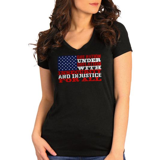 Ladies black short sleeve V-neck t-shirt with a graphic print of the American flag and text 'ONE NATION UNDER GOD'.