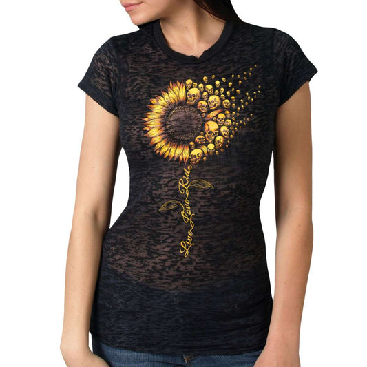 A woman wearing a black short-sleeved t-shirt with a sunflower graphic print on the front.