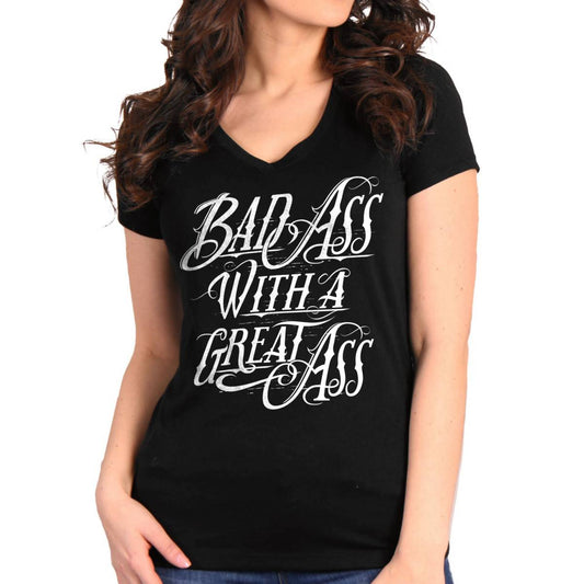 This image features a stylish women's black V-neck t-shirt from Hot Leathers, model GLC1589. The shirt showcases a bold white graphic print of the phrase "Badass with a Great Ass" on the front, creating a striking contrast.
