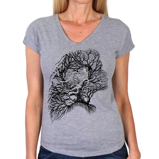Ladies heather gray V-neck t-shirt with a front print of a riding tree silhouette.