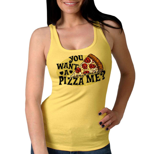 A woman wearing a yellow tank top with a graphic print that says 'You Want a Pizza Me?'