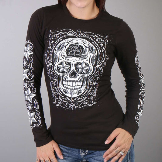 A long-sleeved black ladies shirt featuring a sugar skull graphic print on the front and along the sleeves.