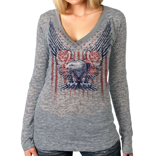 A gray long sleeve women's t-shirt with a deep V-neck, featuring a graphic print of an eagle with wings extended upwards.