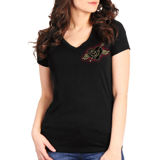 Ladies black V-neck t-shirt with a graphic print of a rose with wings on the front.
