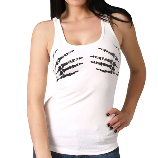 A woman wearing a white sleeveless tank top with a black graphic print of skeleton hands on the front.