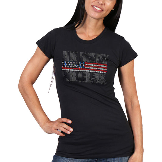 A woman wearing a black short sleeve ladies t-shirt with a rhinestone bling American flag and the text 'RIDE FOREVER' and 'FOREVER FREE'.