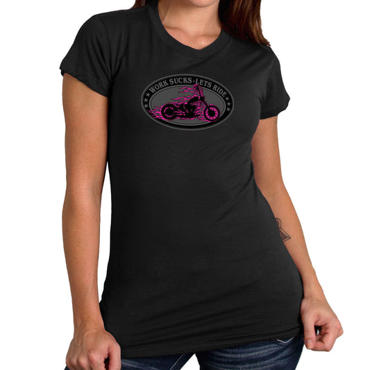 A woman wearing a black short-sleeved t-shirt with a graphic print of a motorcycle in metallic purple ink and the text 'WORK SUCKS- LETS RIDE'.