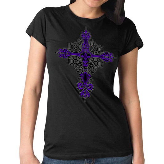 A woman wearing a black short-sleeved t-shirt with a vibrant purple graphic print in the center, featuring a fleur-de-lis design.