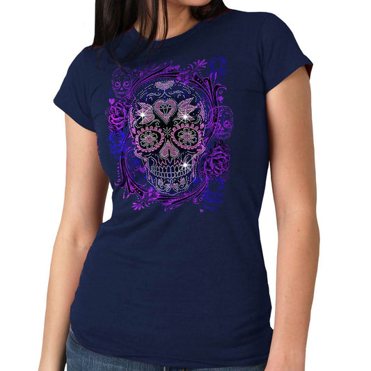 A navy blue short-sleeved T-shirt with a graphic print of a sugar skull in purple and white, surrounded by detailed floral and ornamental patterns.