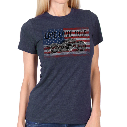 A woman wearing a black short sleeve t-shirt with a graphic print of a motorcycle and the text 'LIVE LOVE RIDE' on the front.