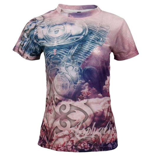 A fitted pink t-shirt with 3D all over printed graphic artwork featuring angel wings and a motorcycle.