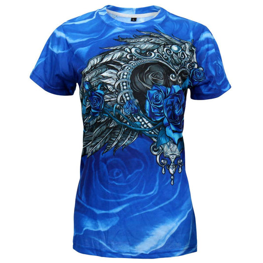 A fitted blue t-shirt with a 3D all over printed design featuring roses and an angel.